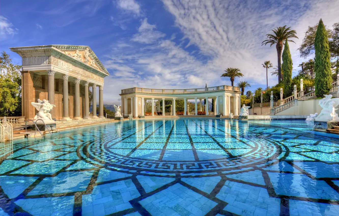 Фото обои вода, Калифорния, колонны, США, архитектура, Сан-Симеон, бассейн Нептуна