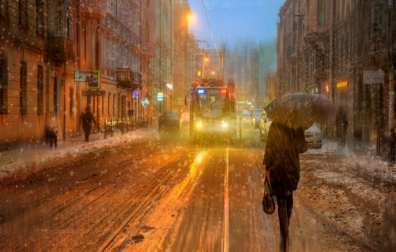 Фото обои девушка, снег, зонт, Санкт-петербург