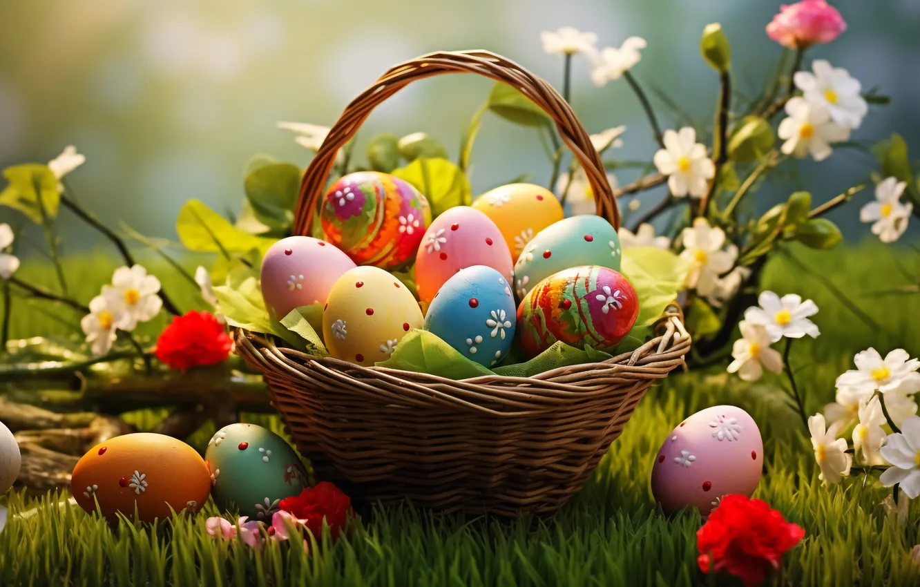 Фото обои цветы, яйца, весна, colorful, Пасха, happy, flowers, spring