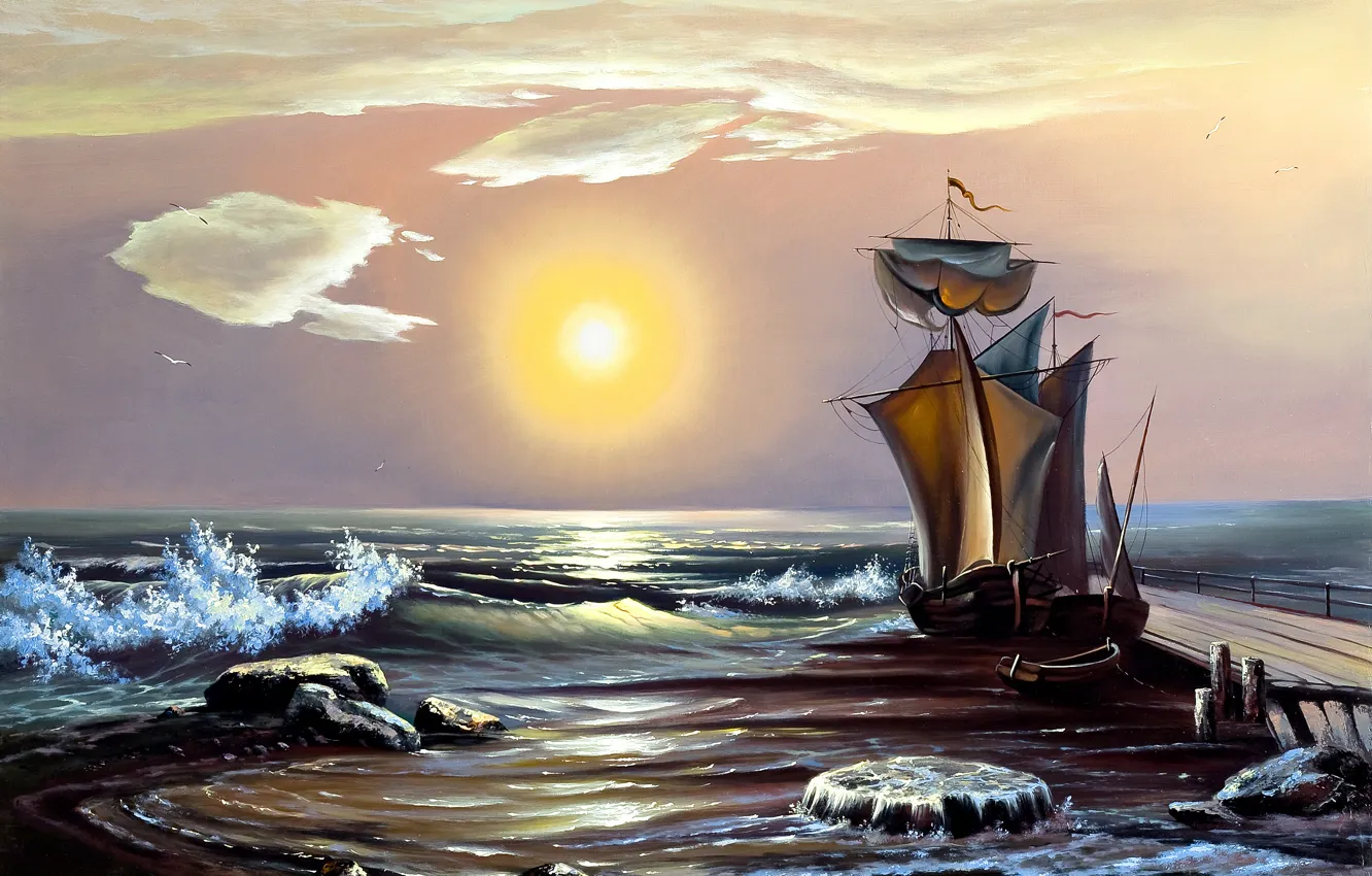 Фото обои море, волны, небо, солнце, лодка, корабль, живопись