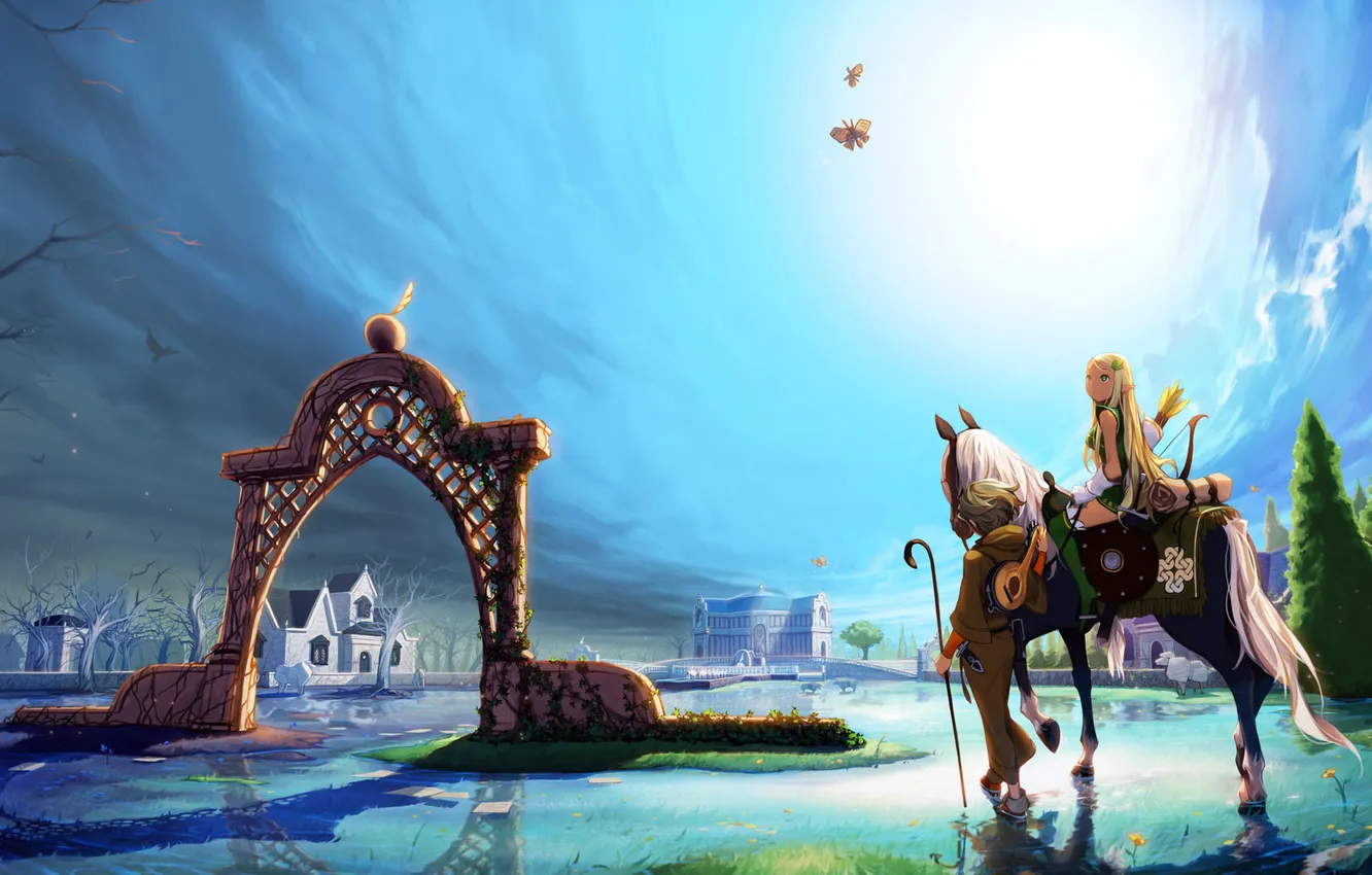 Фото обои вода, город, конь, лошадь, эльф, девочки, лук, арт