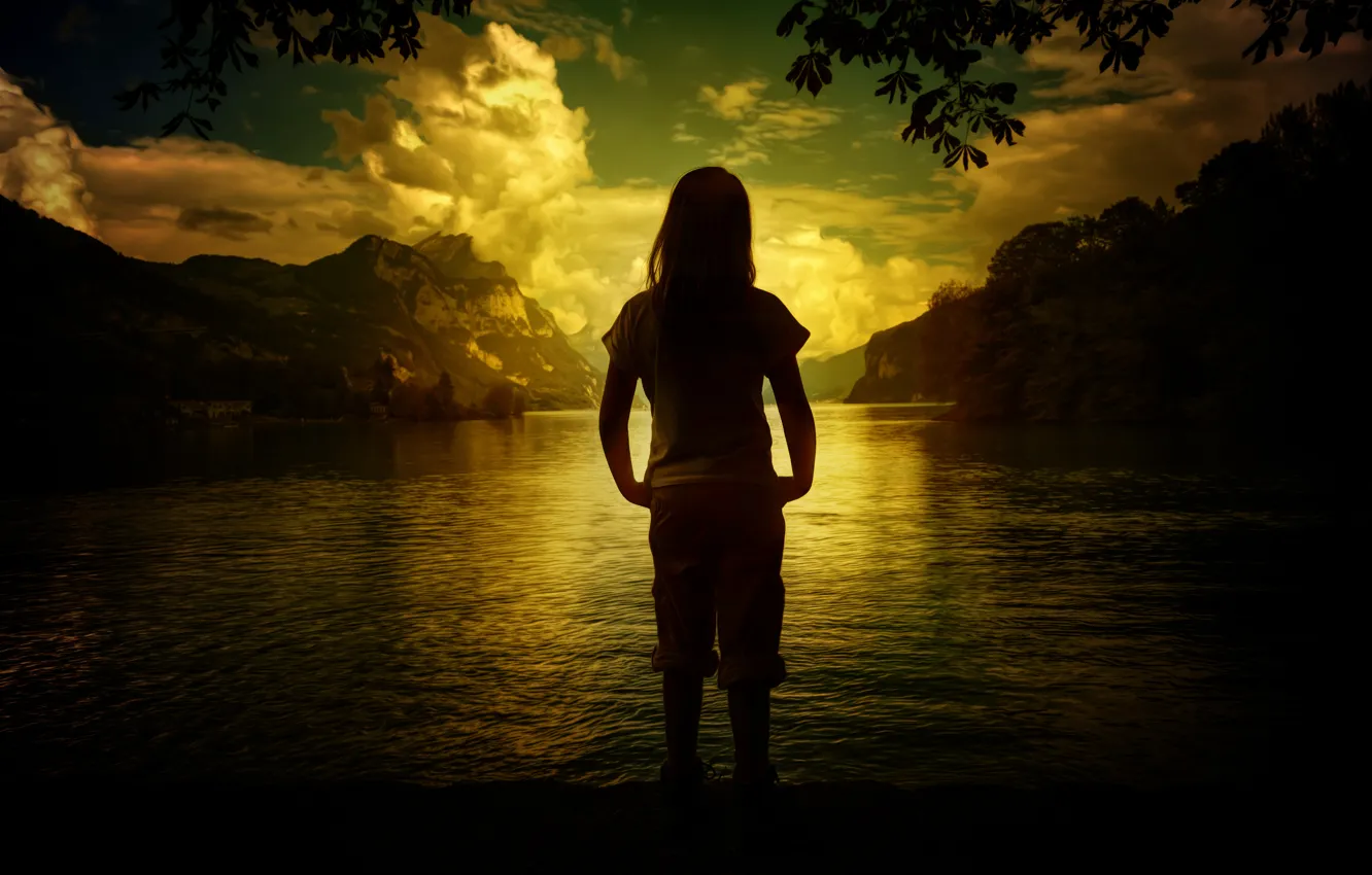 Фото обои пейзаж, горы, природа, озеро, девочка