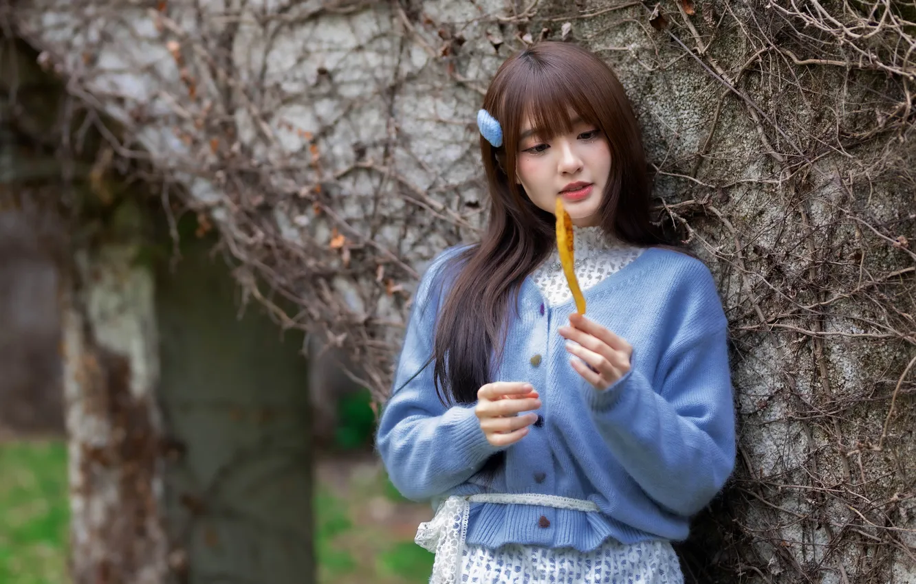 Фото обои девушка, листик, азиатка