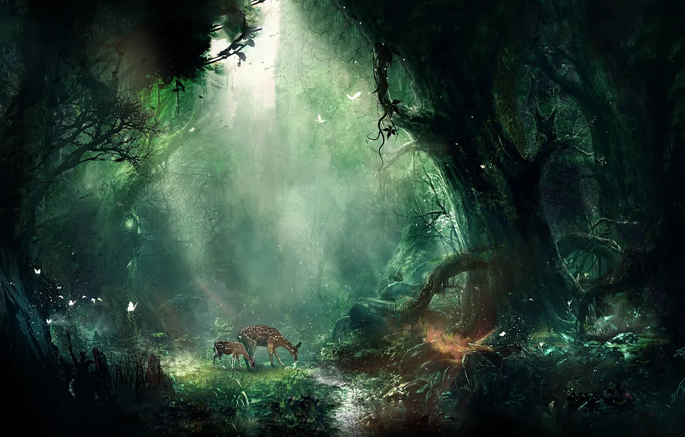 Фото обои джунгли, живопись, бэмби, анимационные фильмы