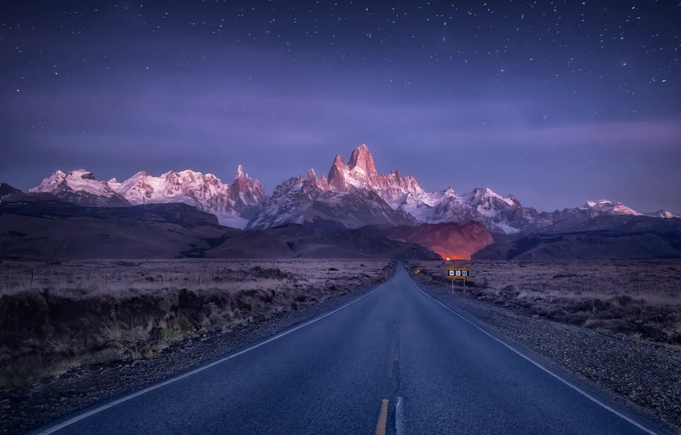 Фото обои дорога, горы, Argentina, Аргентина, Patagonia, Патагония, звёздное небо, Andes