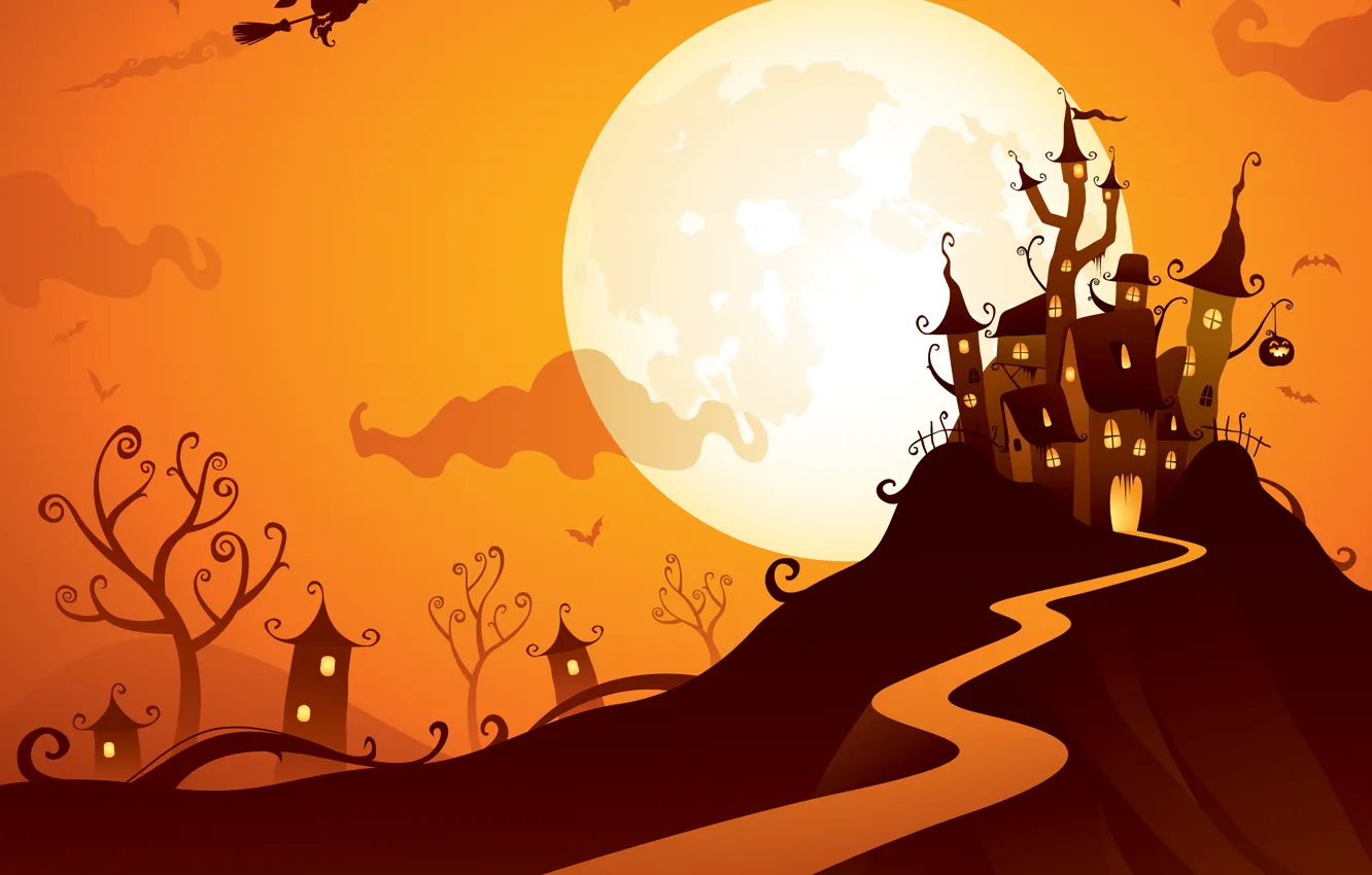 Фото обои птицы, замок, праздник, луна, гора, хэллоуин, баба-яга