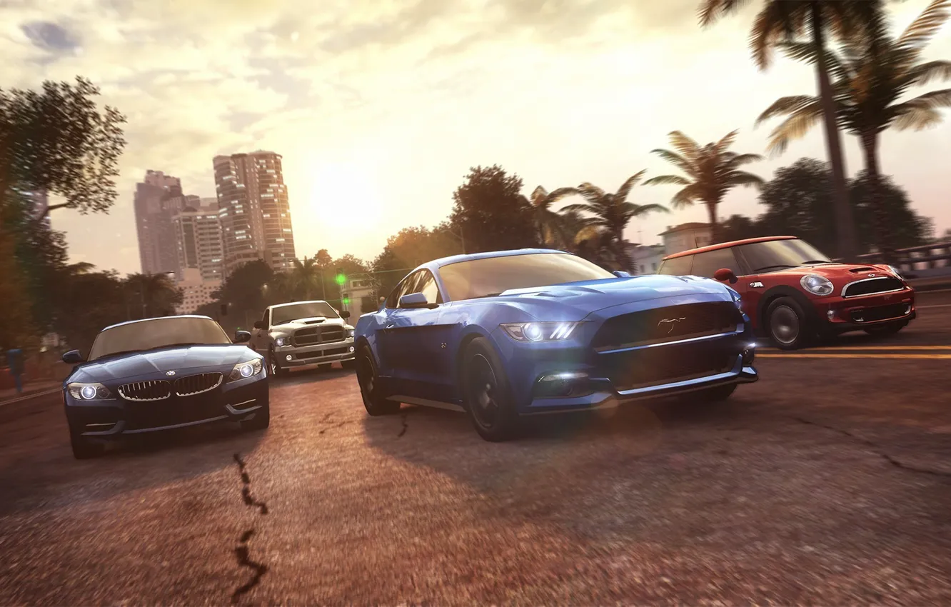 Фото обои пальмы, гонка, Mustang, Ford, Mini, Cooper, BMW, Ubisoft