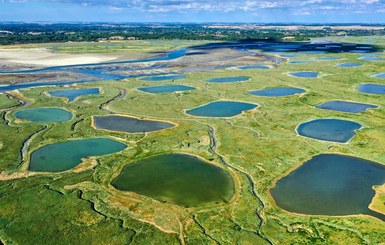 Фото обои Горизонт, Aerial view, the Bay of Authie Somme, Hauts de France, Вид с воздуха, залив …