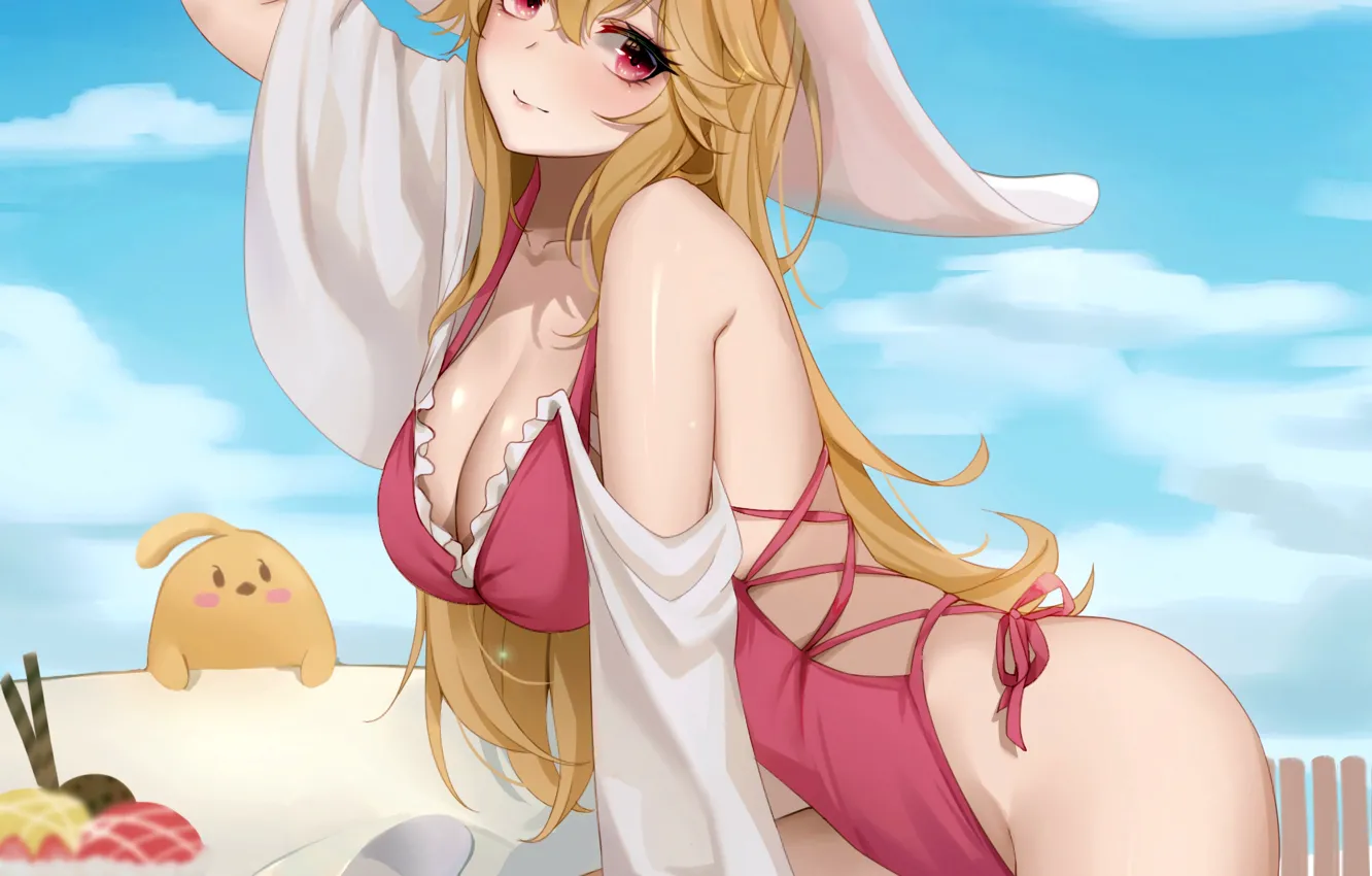 Фото обои girl, sexy, pool, cleavage, long hair, boobs, anime, beautiful