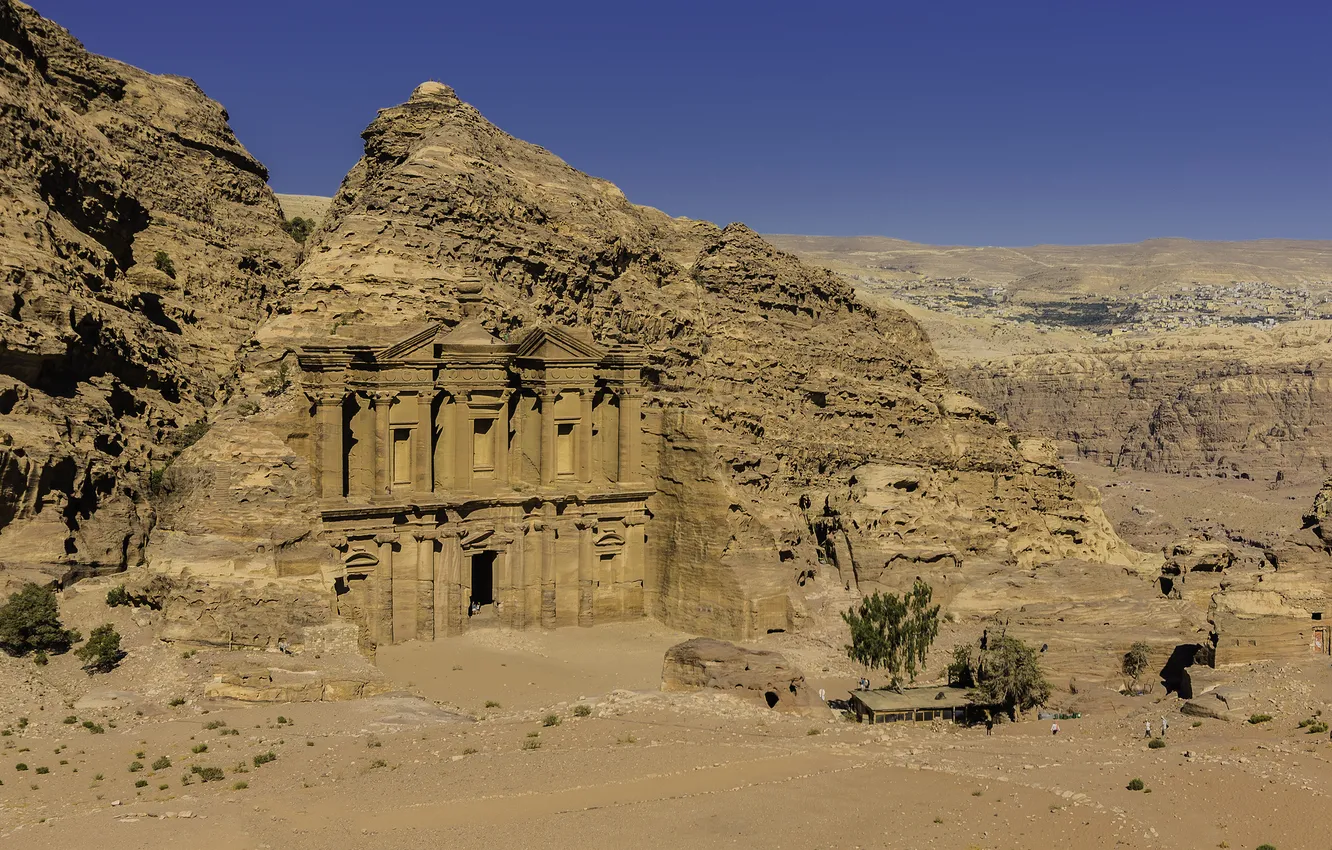 Фото обои небо, скалы, Петра, монастырь, Иордания, Ад-Дэйр
