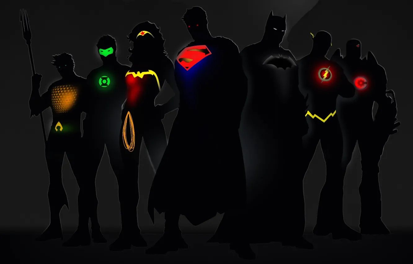 Фото обои свечение, Wonder Woman, Batman, Green Lantern, Superman, супергерои, DC Comics, Cyborg