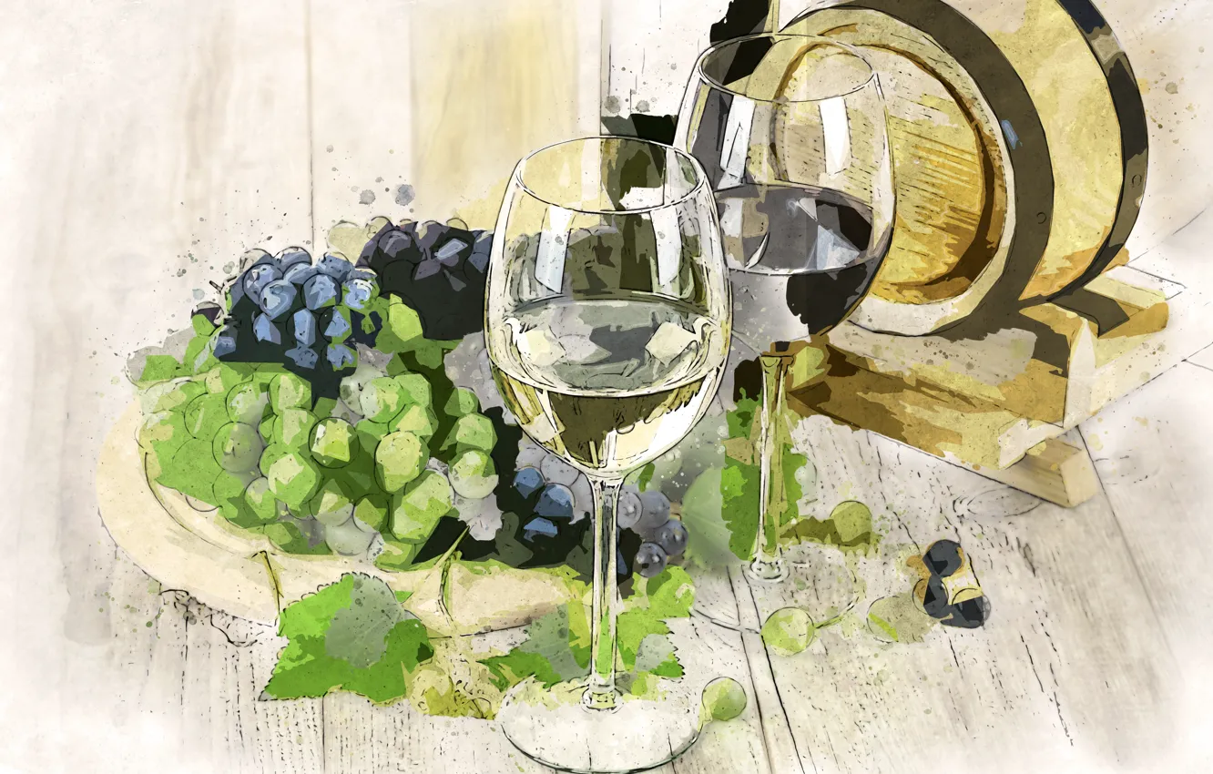 Фото обои вино, картина, бокалы, виноград