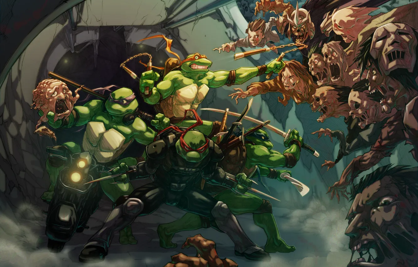 Фото обои Черепашки-ниндзя, TMNT, Raphael, Leonardo, Donatello, Teenage Mutant Ninja Turtles, Michelangelo, Shredder