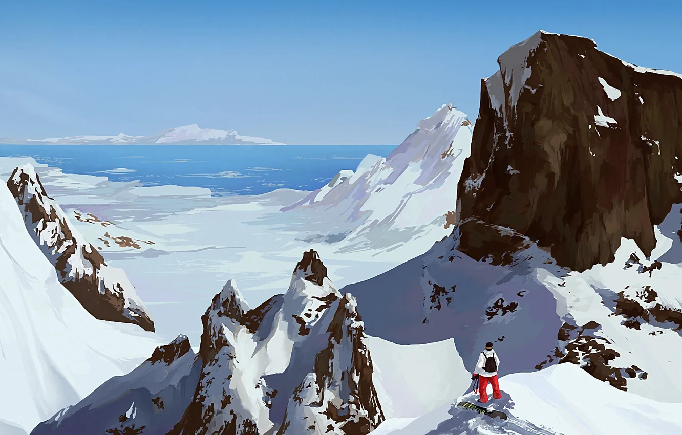 Фото обои море, снег, горы, сноуборд, человек, арт, солнечно