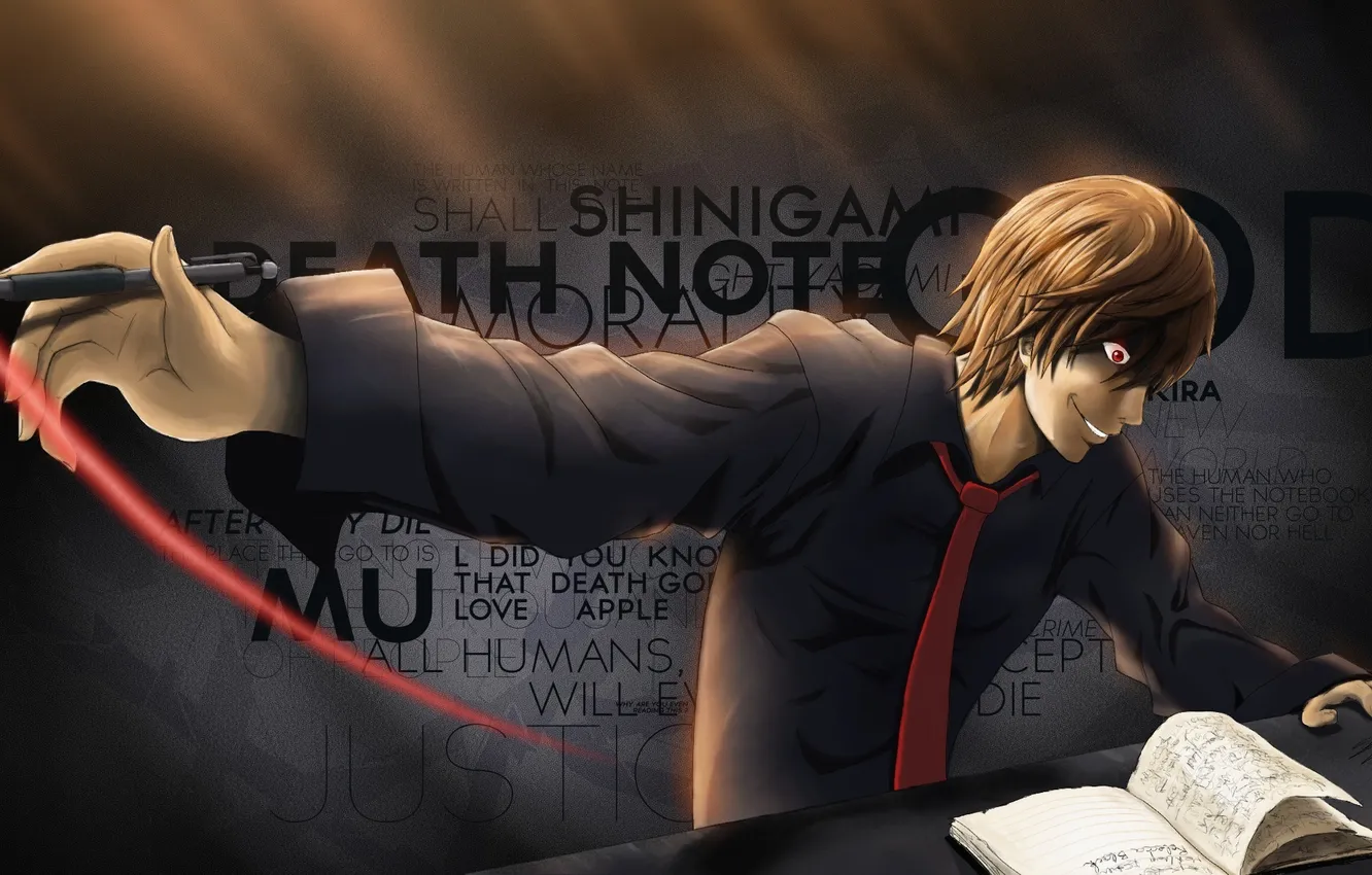 Фото обои надписи, рука, арт, парень, тетрадь, красные глаза, death note, yagami light