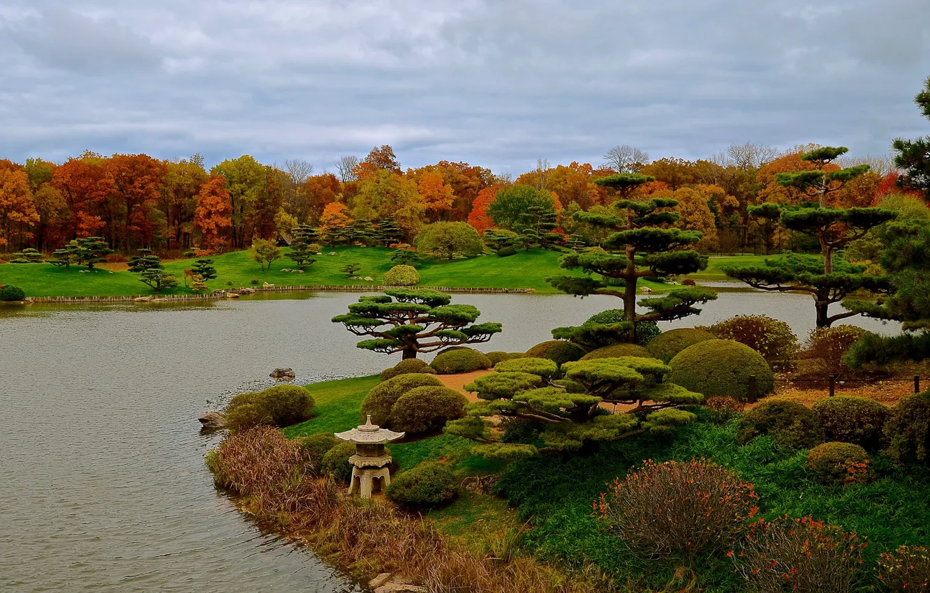Фото обои осень, трава, деревья, дизайн, пруд, парк, Чикаго, США