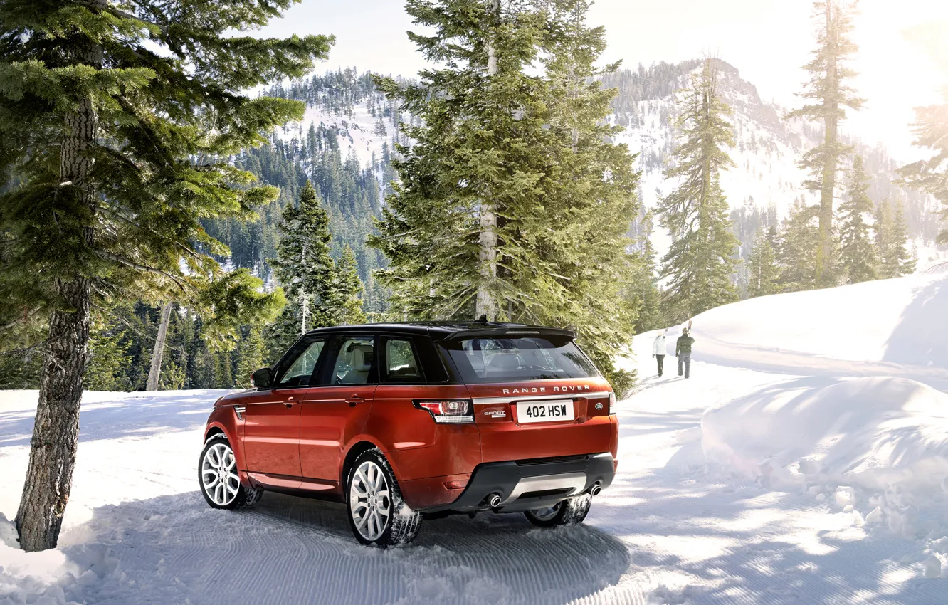 Фото обои зима, машина, снег, деревья, горы, Land Rover, Range Rover, Sport