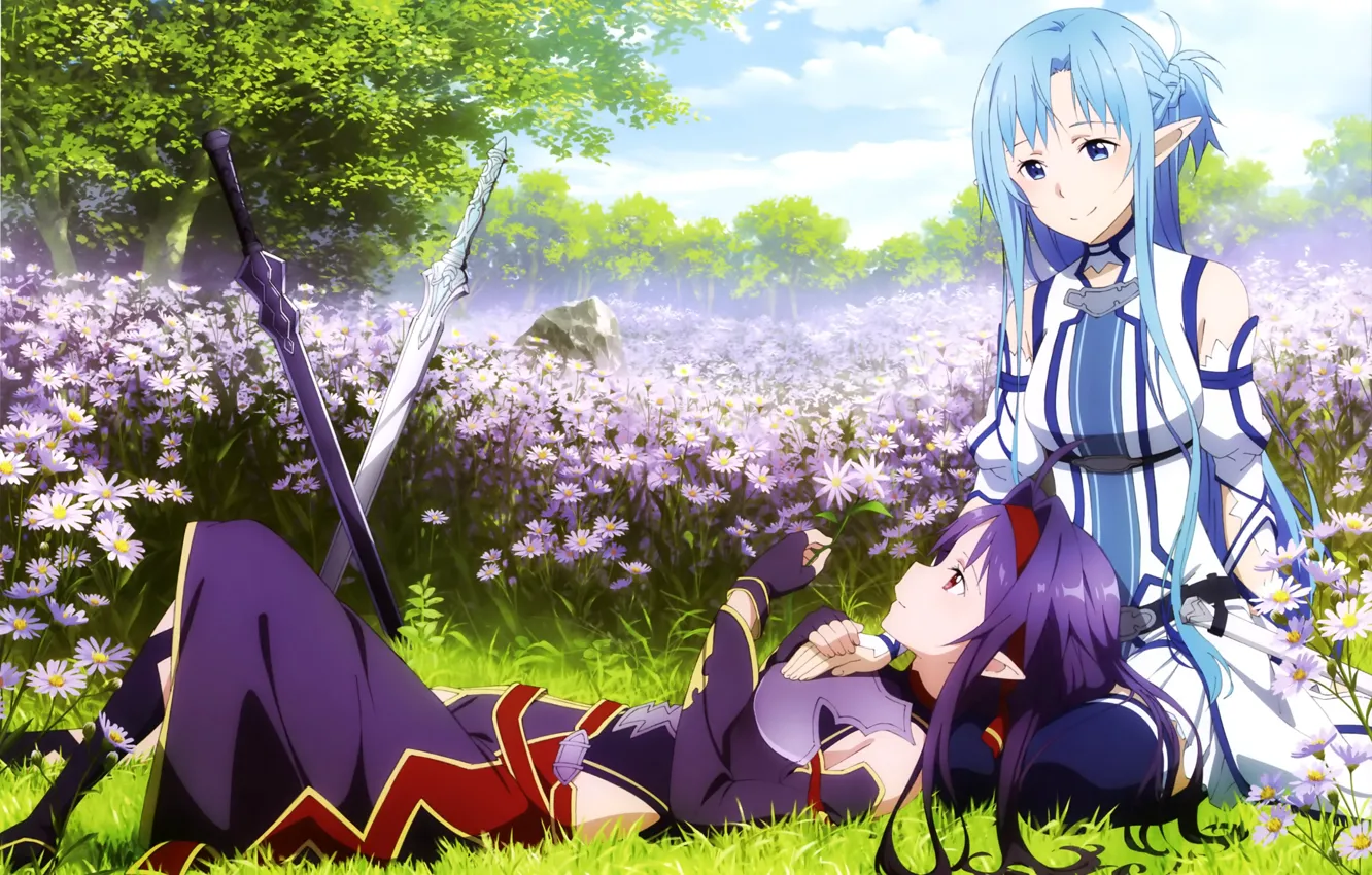Фото обои отдых, ромашки, эльфы, мечи, длинные волосы, подруги, цветочная поляна, Yuuki Asuna