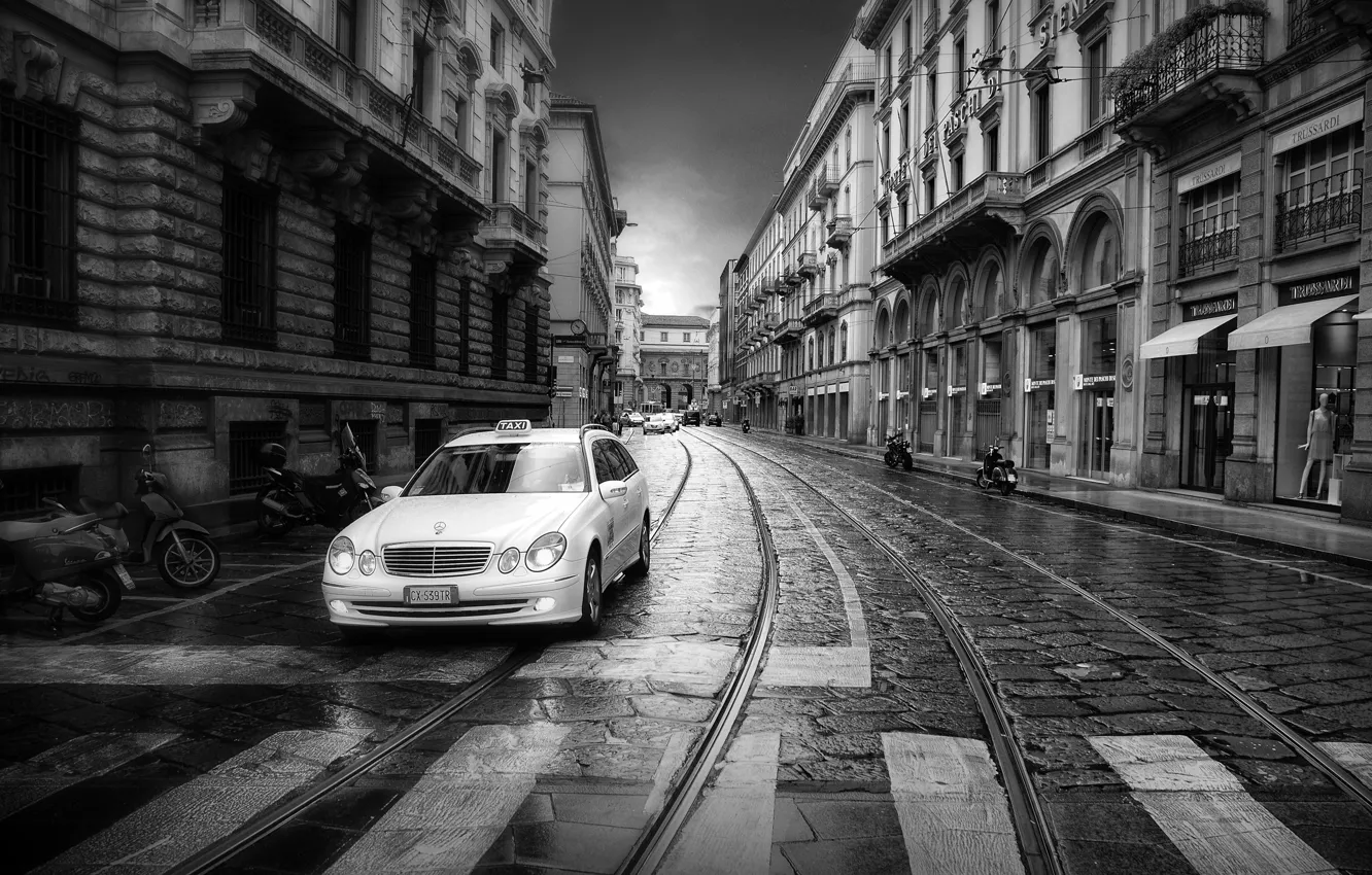 Фото обои улица, такси, чёрно-белое фото, The white cab