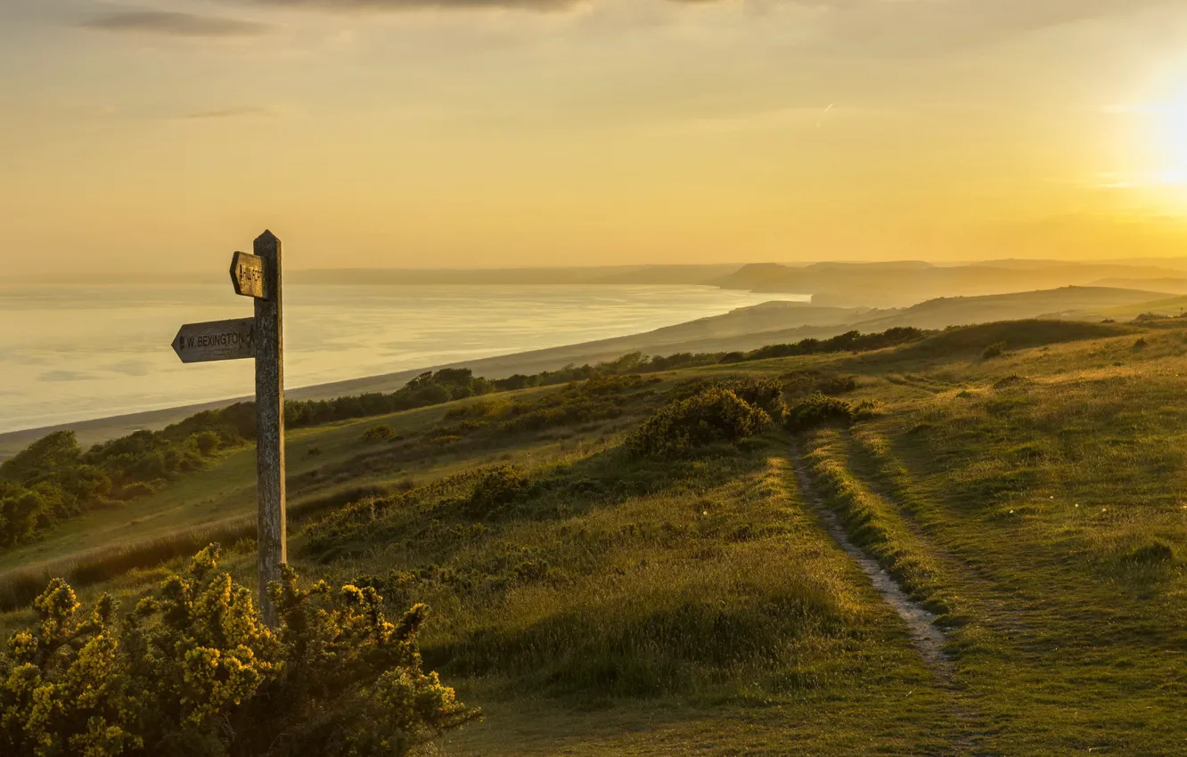 Фото обои море, свет, закат, туман, West Dorset, Jurrassic Coast