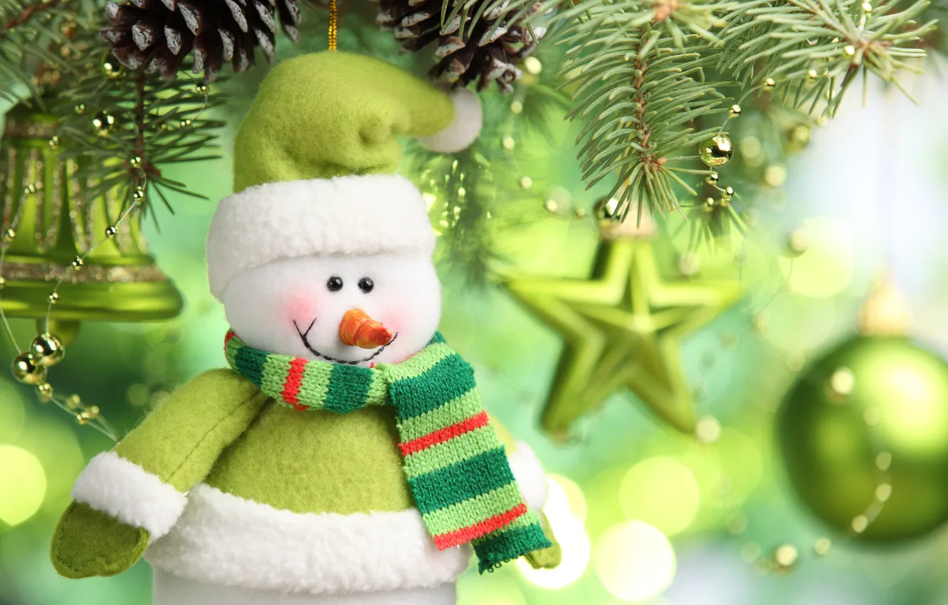 Фото обои звезды, украшения, елка, Новый год, снеговик, new year, колокольчик, stars