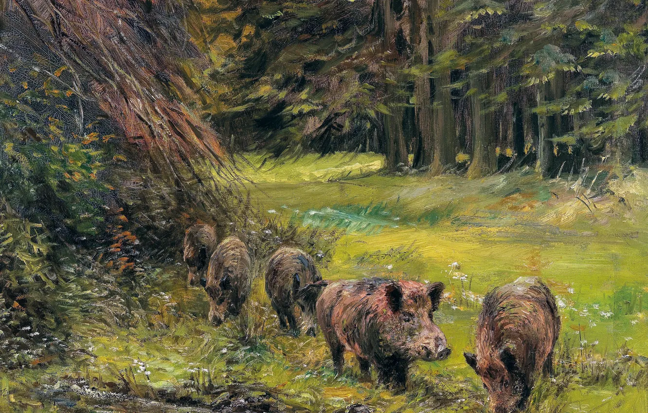 Фото обои Деревья, Картина, Немецкий художник, Wilhelm Lorenz, Кабаны, Вильгельм Лоренц, Дикие кабаны на опушке леса