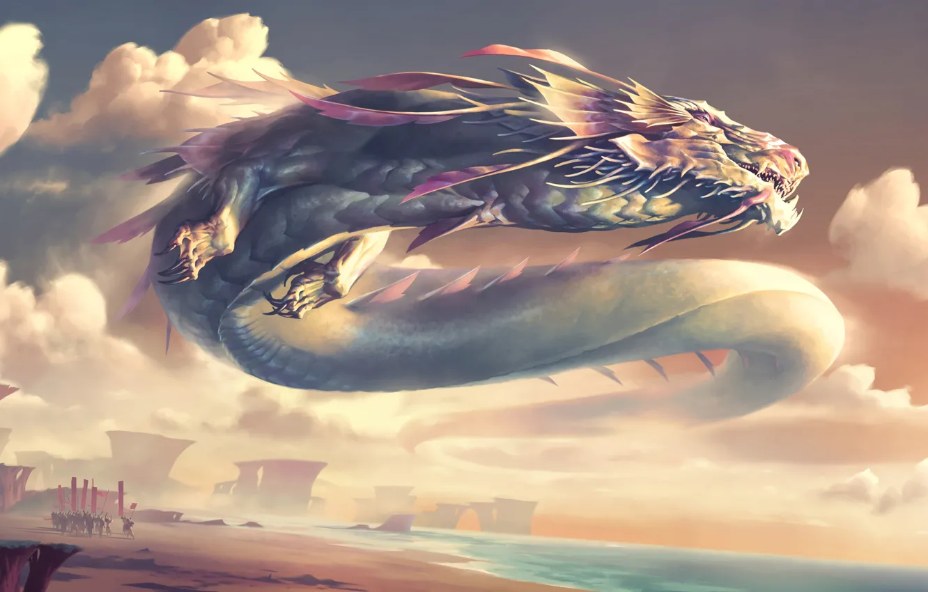 Фото обои fantasy, Dragon, sea, sunset, army, digital art, artwork, fantasy art