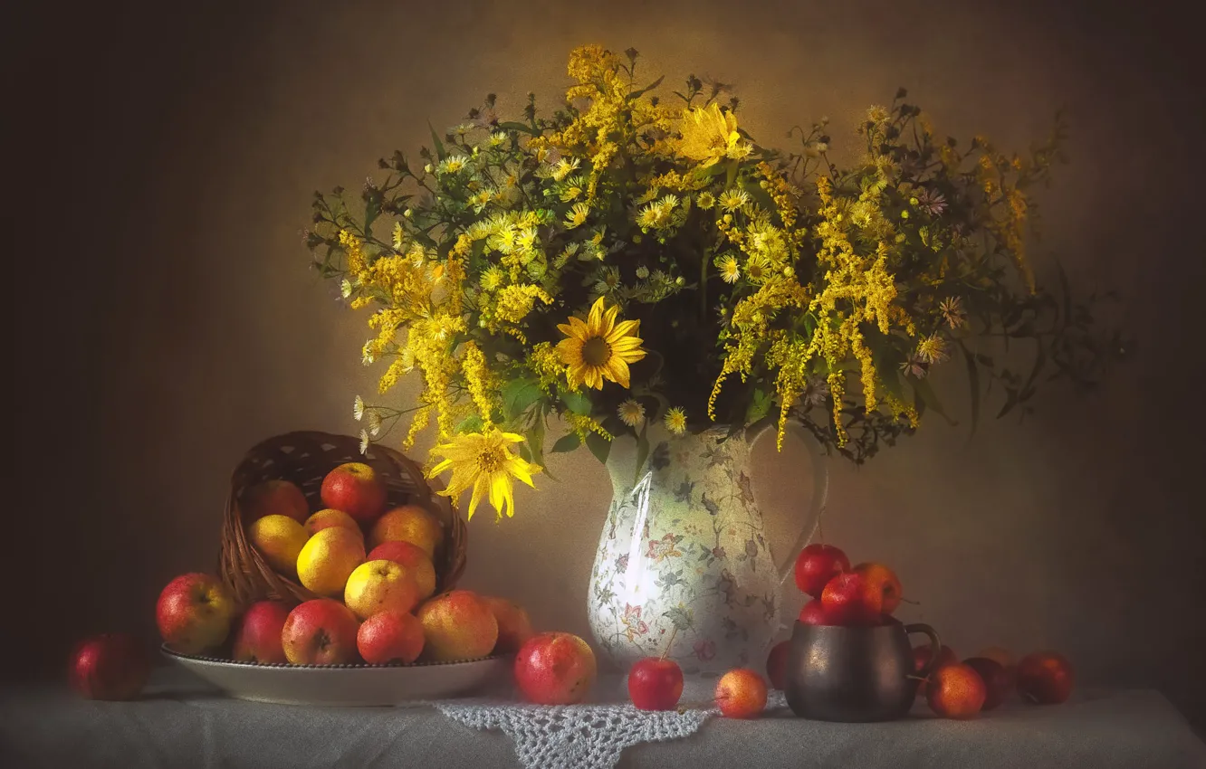 Фото обои цветы, яблоки, букет, желтые, посуда, кувшин, натюрморт, разные