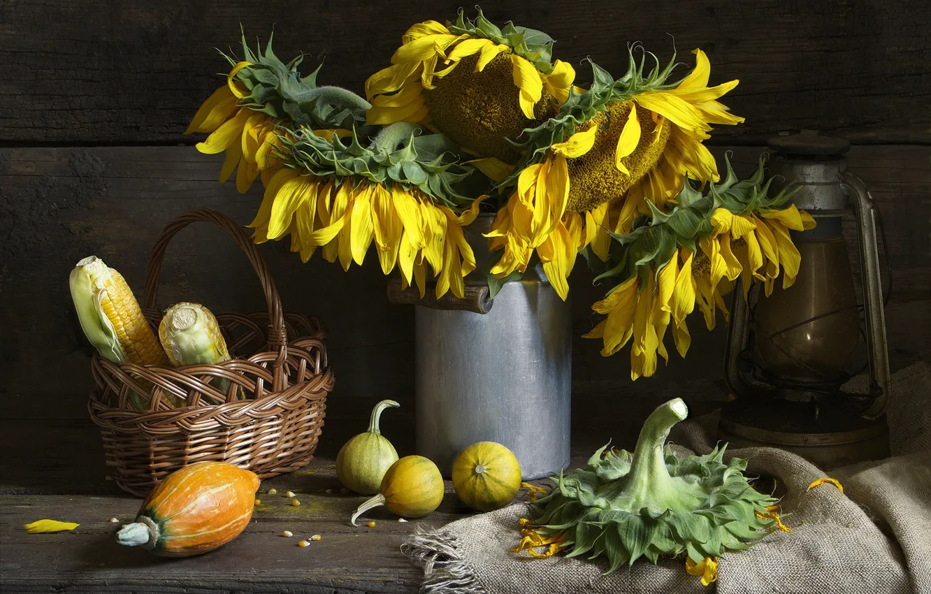Фото обои осень, подсолнухи, цветы, стиль, ретро, темный фон, стол, фон