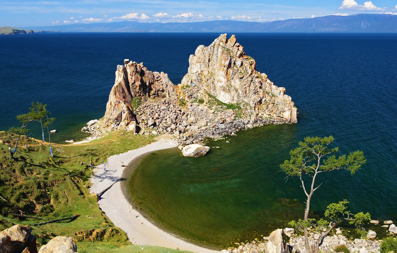 Фото обои скала, озеро, камни, берег, побережье, Байкал, утес, коса
