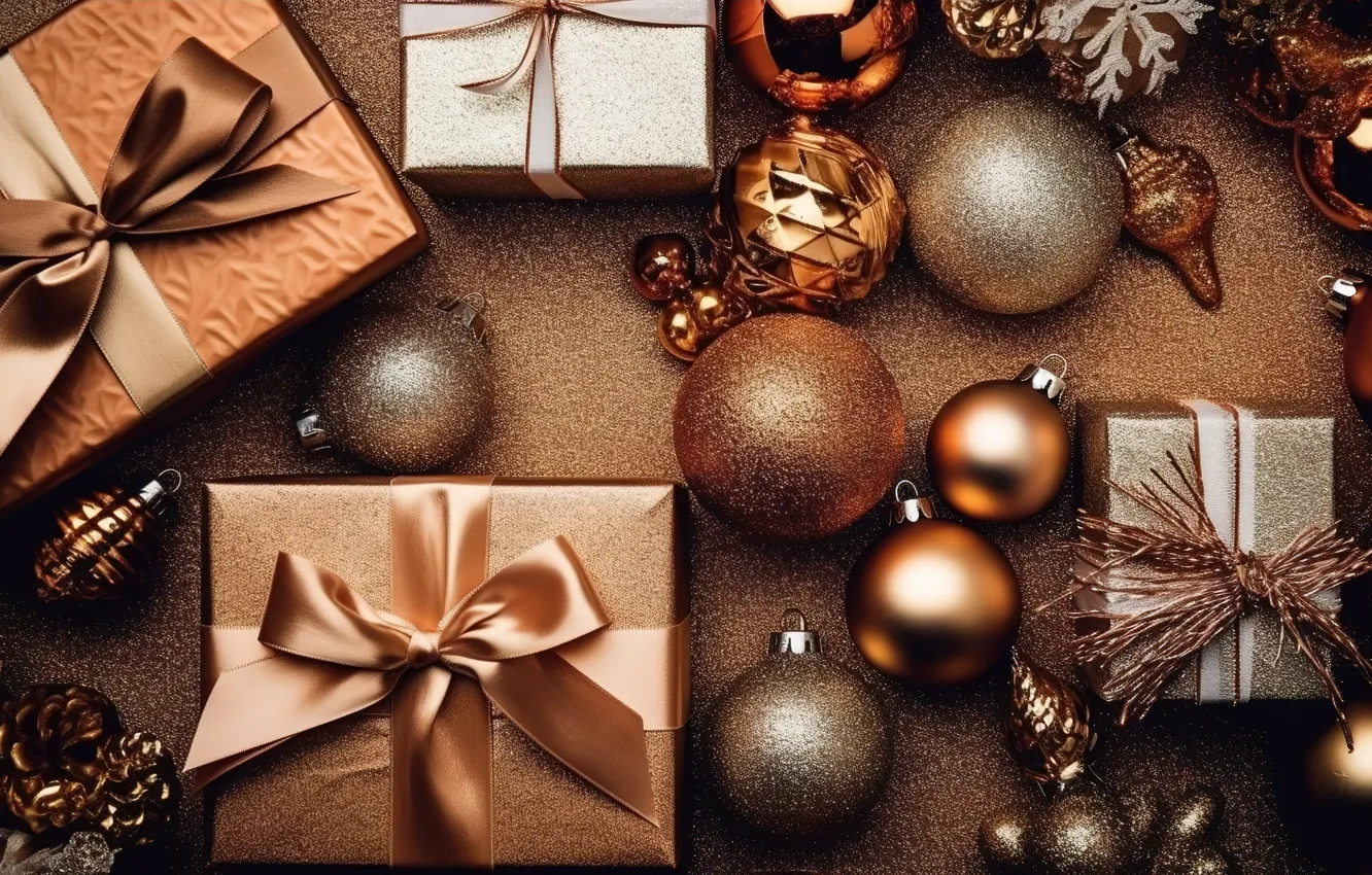 Фото обои украшения, шары, Новый Год, Рождество, подарки, golden, new year, happy
