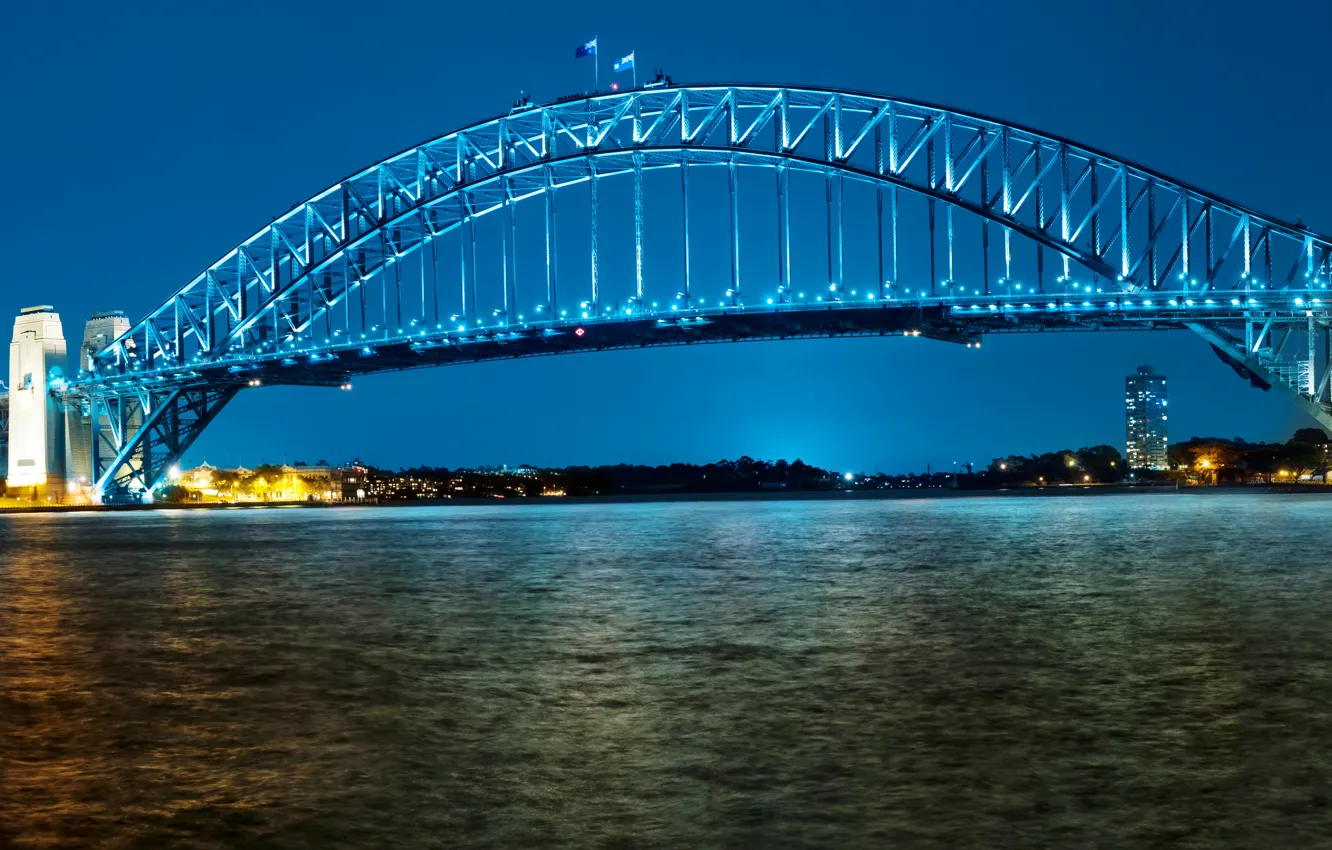 Фото обои ночь, мост, огни, река, Австралия, фонари, Сидней, набережная