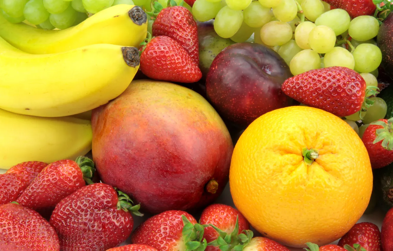 Фото обои ягоды, апельсин, еда, клубника, виноград, бананы, фрукты, витамины