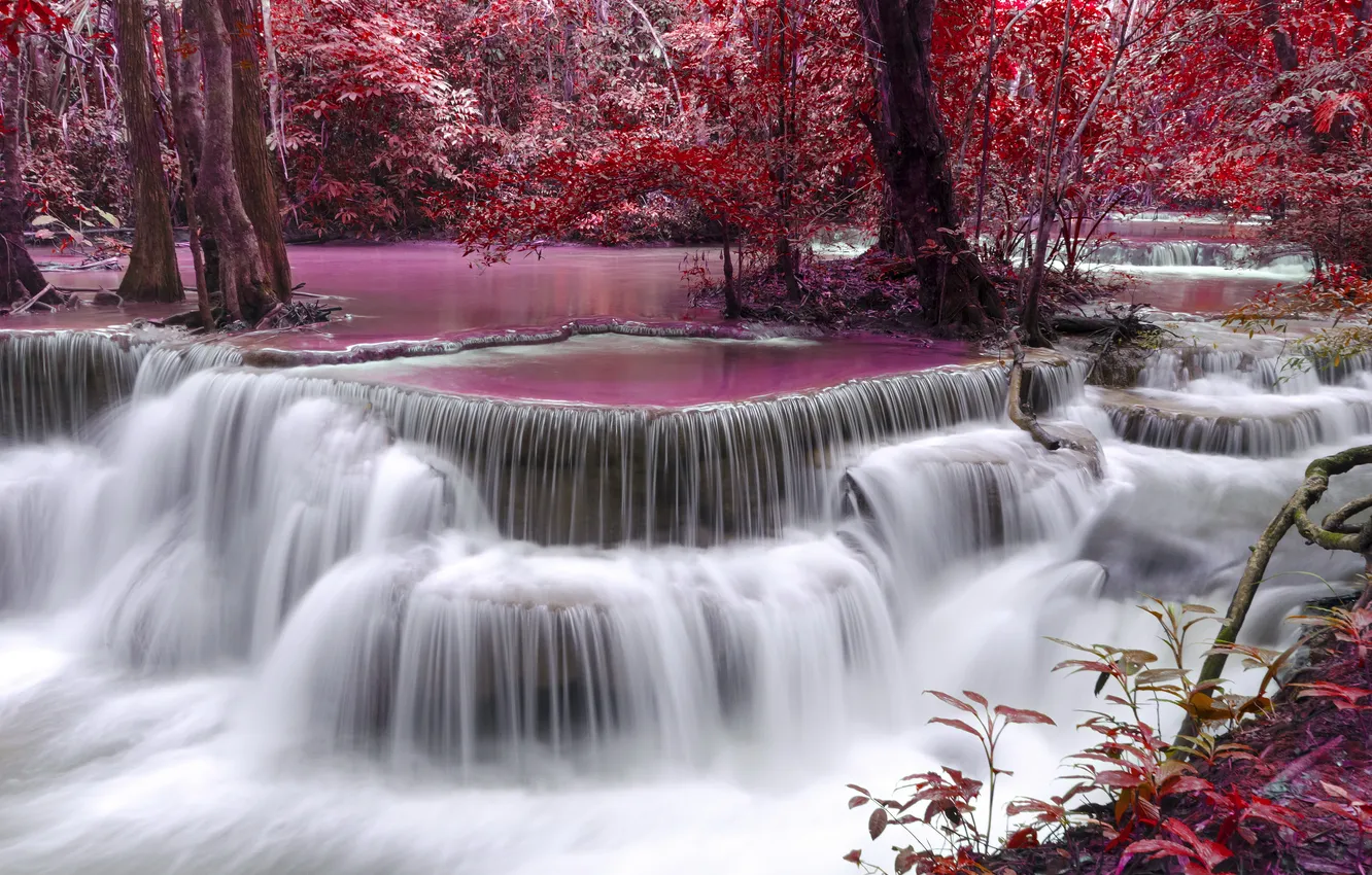 Фото обои river, autumn, waterfall, purple, flow