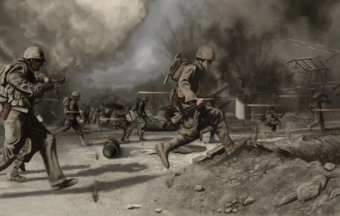 Фото обои поле, война, солдаты, war, пустош, Crossing the battlefield