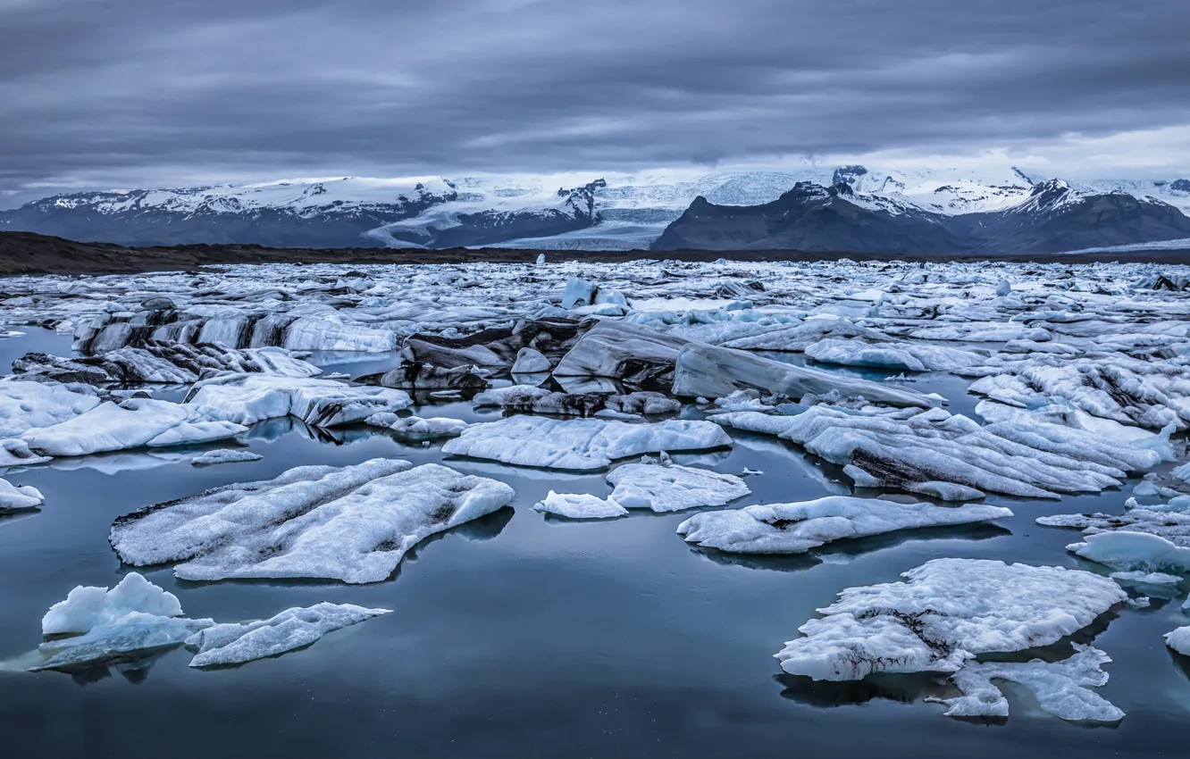 Фото обои зима, горы, лёд, ледник, льдины, Исландия, водоем