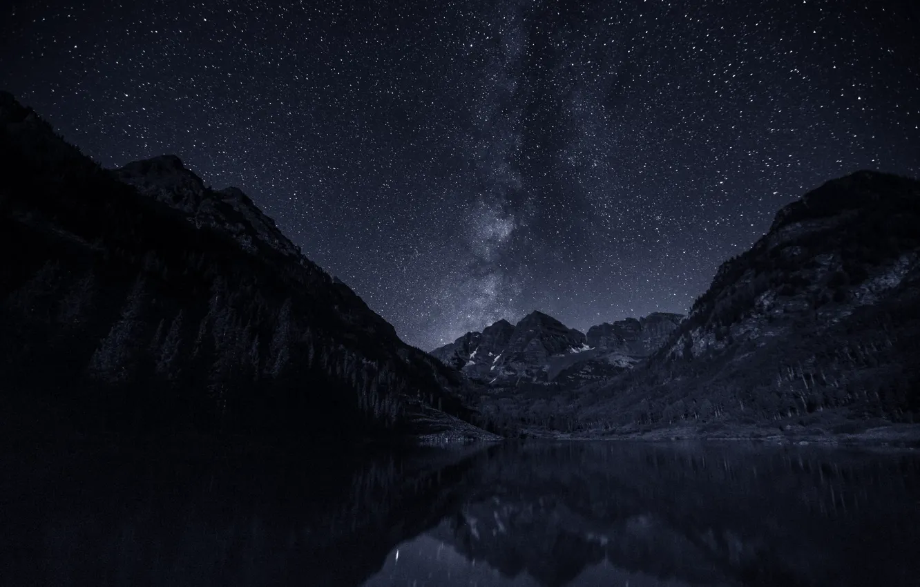 Фото обои небо, звезды, горы, ночь, озеро, млечный путь