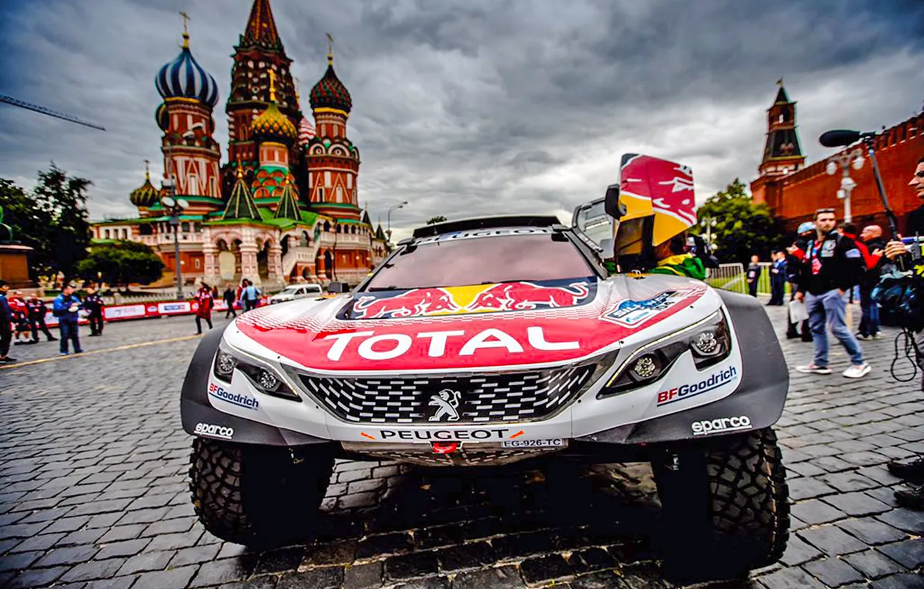 Фото обои Город, Спорт, Москва, Peugeot, Храм Василия Блаженного, Красная площадь, Rally, Ралли