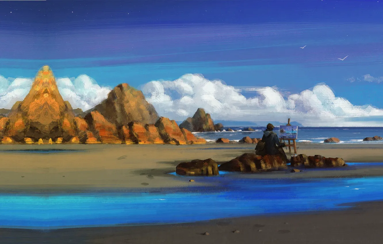 Фото обои океан, берег, чайки, арт, художник, Seaside, Sephiroth Art, пленэр
