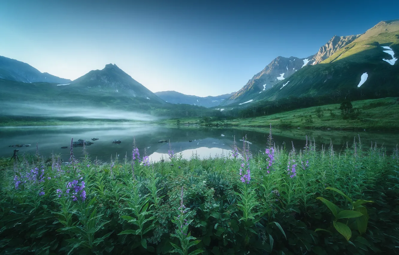Фото обои пейзаж, цветы, горы, природа, туман, озеро, вулкан, долина