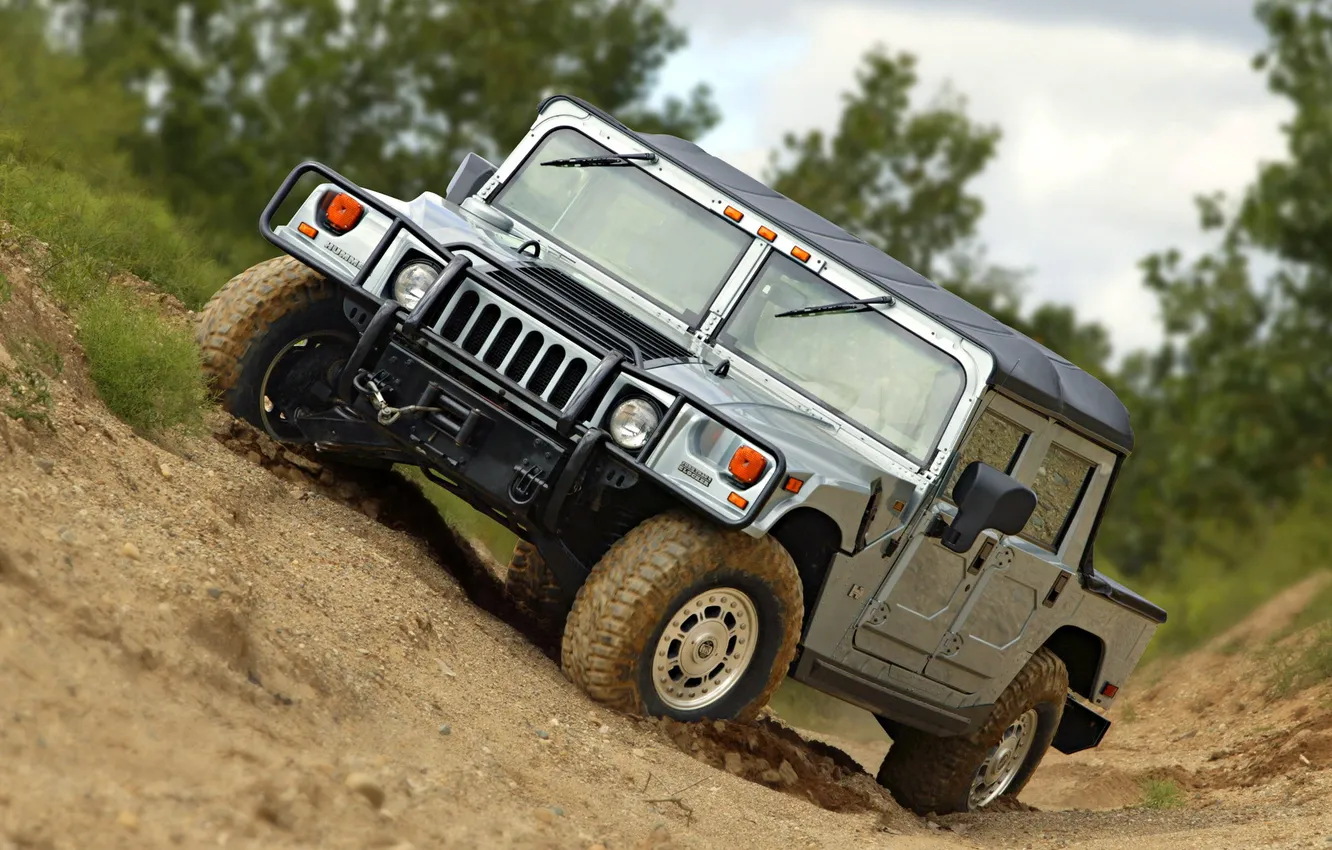 Фото обои деревья, серебристый, хаммер, джип, внедорожник, hummer, offroad, уклон