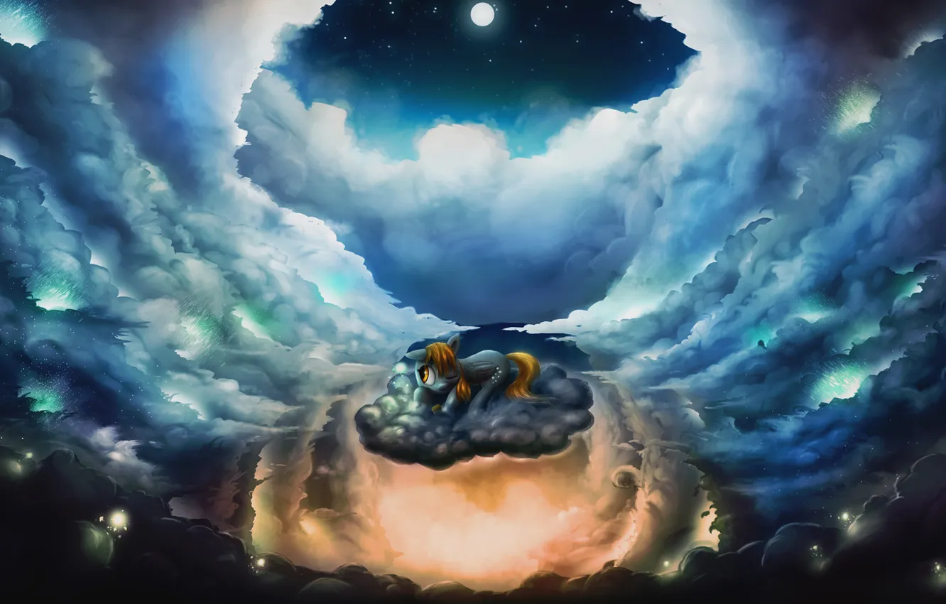 Фото обои облака, ночь, луна, мультфильм, пони