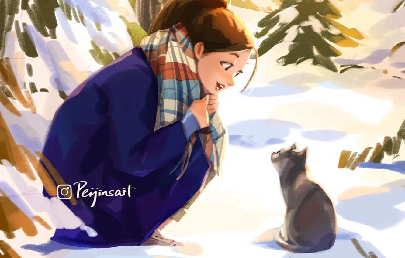 Фото обои зима, радость, котенок, шарф, девочка, на корточках, by Peijin Yang