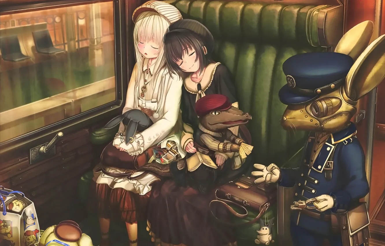 Фото обои девочки, робот, аниме, арт, спят