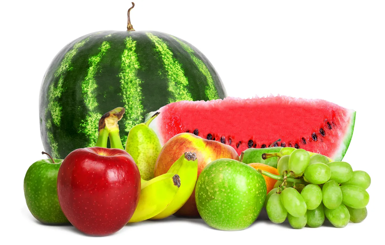 Фото обои ягоды, яблоки, арбуз, виноград, бананы, белый фон, груша, фрукты