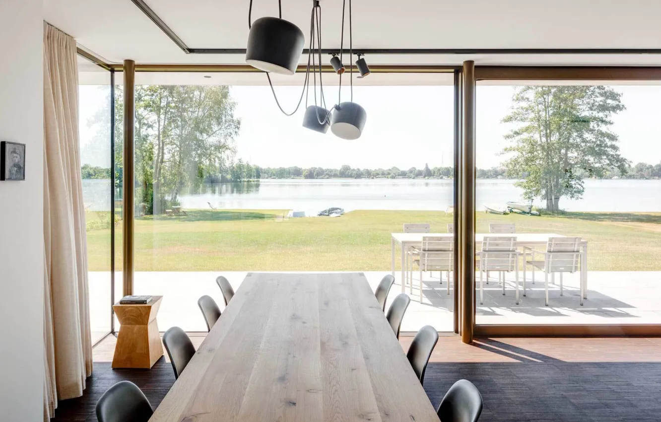 Фото обои интерьер, терраса, столовая, панорамные окна, House by the Lake