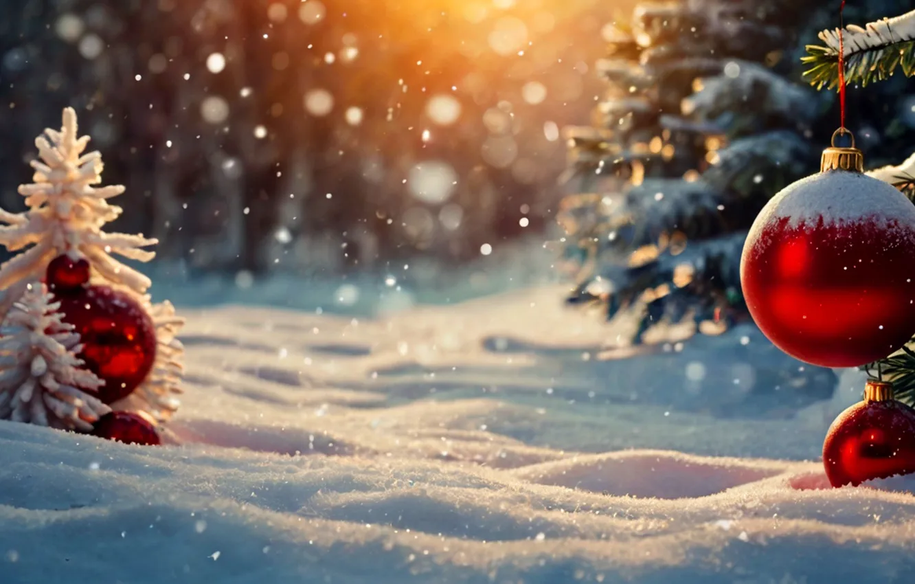 Фото обои шарики, снег, елка, новый год