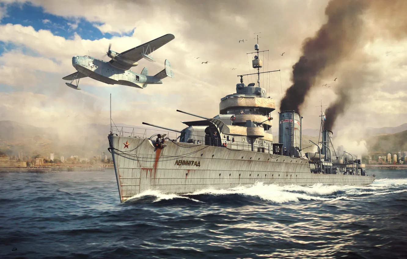 Фото обои корабль, самолёт, War Thunder, Ленинград, Warship, Warplane