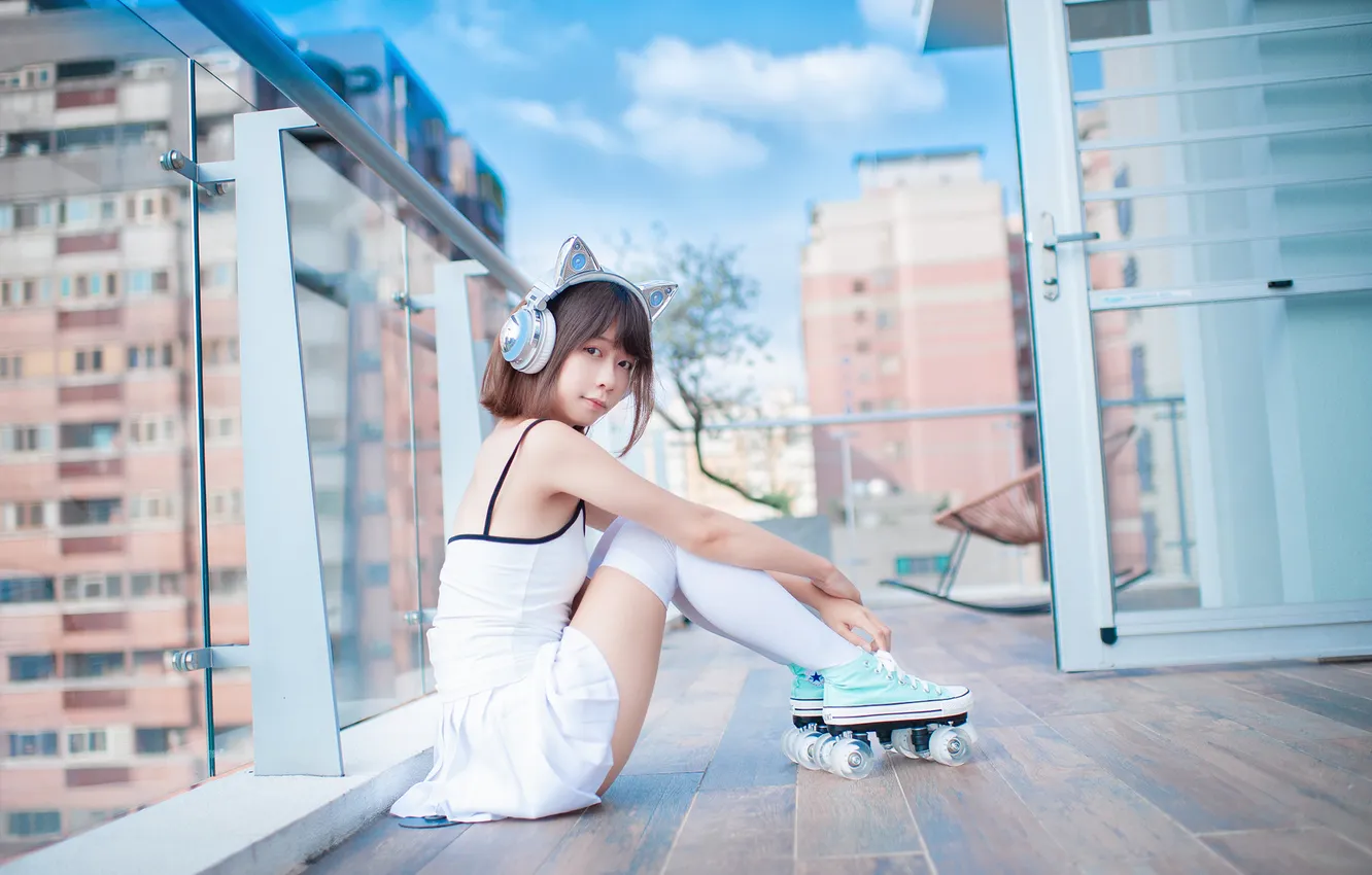 Фото обои Asian, women, skirt, roller skates, knee-highs