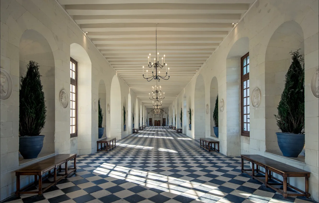 Фото обои Франция, коридор, галерея, Замок Шенонсо